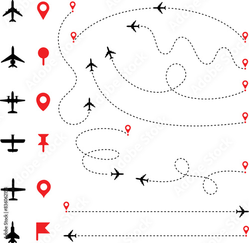 Simple flat vector of aircraft plane that moves from the starting point and follow route. Concept of air transportation airline airport destination travel photo