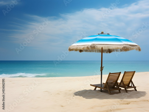 Beautiful beach. Chairs on the sandy beach near the sea. Summer holiday and vacation concept for tourism. Inspirational tropical landscape © Akilmazumder