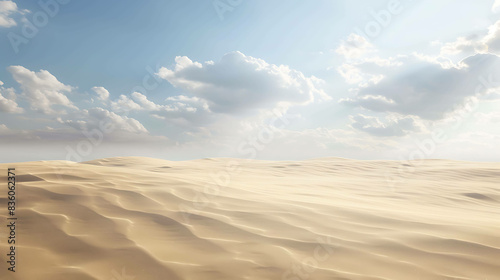 This is a beautiful landscape image of a vast desert with rolling sand dunes under a blue sky with white clouds.