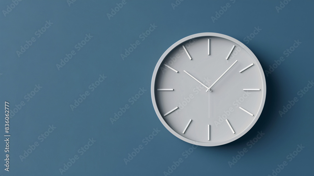 Simple white clock with its shadows on a plain blue wall, depicting time and minimalistic design Simple white clock with its shadows on a plain blue wall, depicting time and minimalistic design
