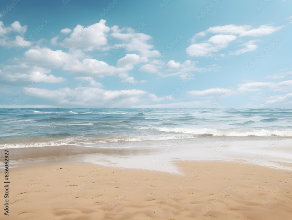 Fototapeta premium Beautiful beach. Chairs on the sandy beach near the sea. Summer holiday and vacation concept for tourism. Inspirational tropical landscape