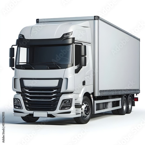 Isolated Europeanstyle white cargo truck from front right corner angle view. Concept European Style Truck, Cargo Vehicle, Isolated, Front View, White Color, Transportation 