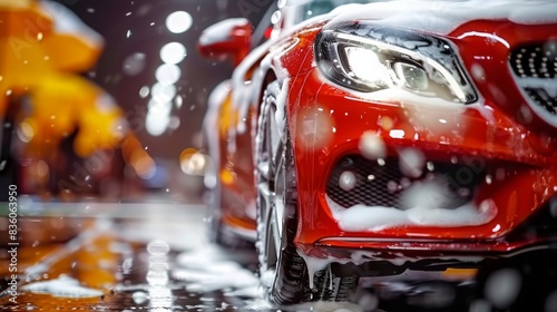 Close-up of a red car being washed with foam and water droplets, highlighting cleanliness and automotive care. Concept of car maintenance, detailing, and cleanliness.  © JovialFox