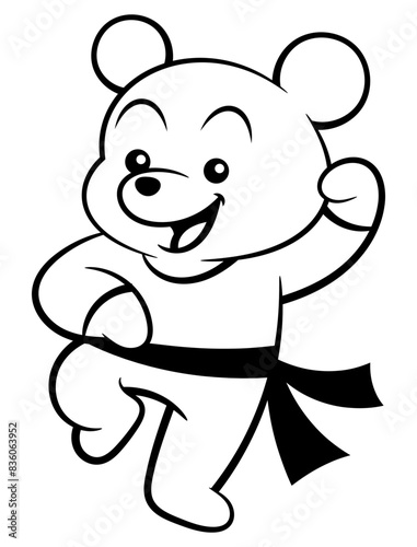Funny Little Bear cartoon characters wearing training uniform with black belt doing kung fu movement. Best for outline, logo, and coloring book with martial arts themes for kids