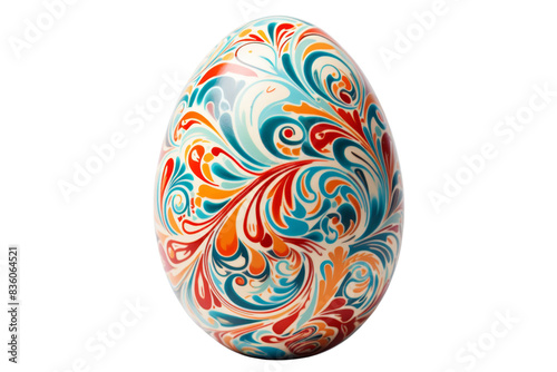 Colorful Easter egg with intricate swirling patterns of blue, orange, and red, isolated on a transparent background. Perfect for spring and holiday design.