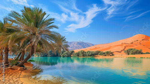Picturesque oasis with palm trees and turquoise lake  surrounded by golden sand dunes under blue sky
