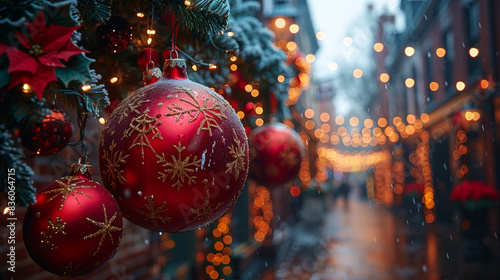 Close-up red Christmas ornaments with snowflake designs, tree branch. Blurry cityscape with festive lights, holiday photo