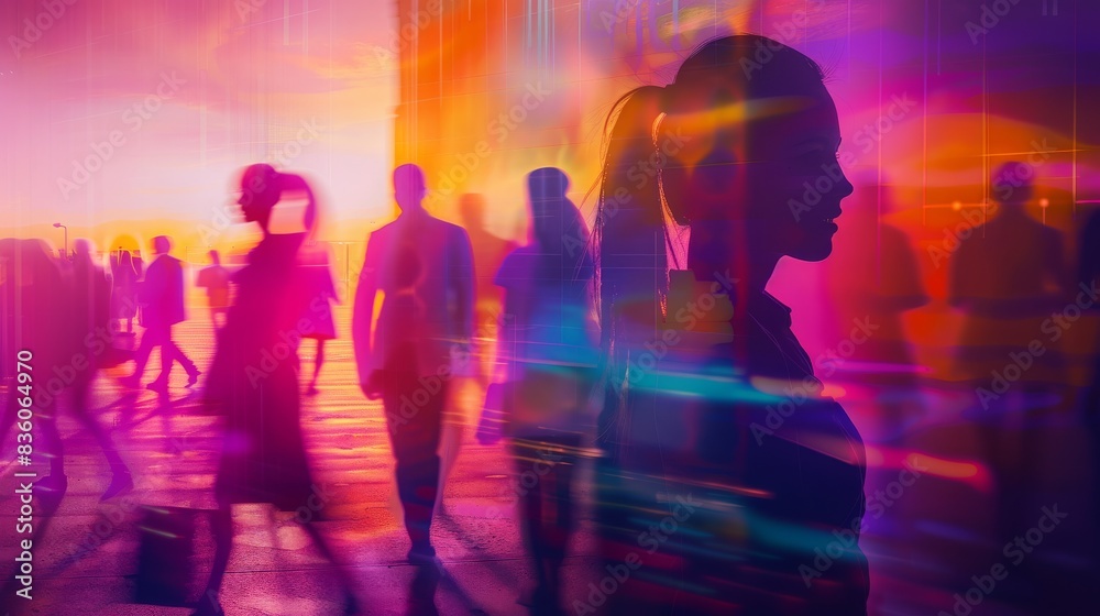 Abstract silhouette of people walking in a vibrant, colorful urban environment, conveying movement and energy. Concept of urban life, diversity, and dynamic social interaction.
Abstract silhouette of people walking in a vibrant, colorful urban environment, conveying movement and energy. Concept of urban life, diversity, and dynamic social interaction.
