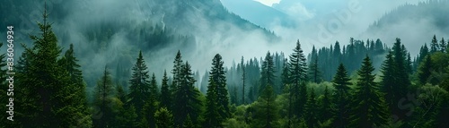 Towering Mountain Peaks Shrouded in Misty Forest a Serene and Inviting Natural Landscape