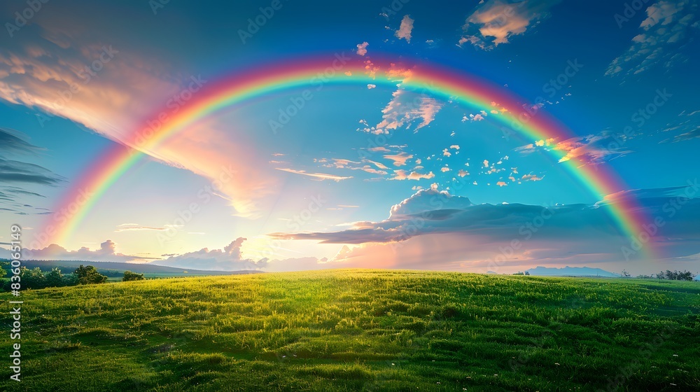 Blissful Rainbow: Colorful Arc Over Verdant Field and Blue Sky Blissful Rainbow: Colorful Arc Over Verdant Field and Blue Sky