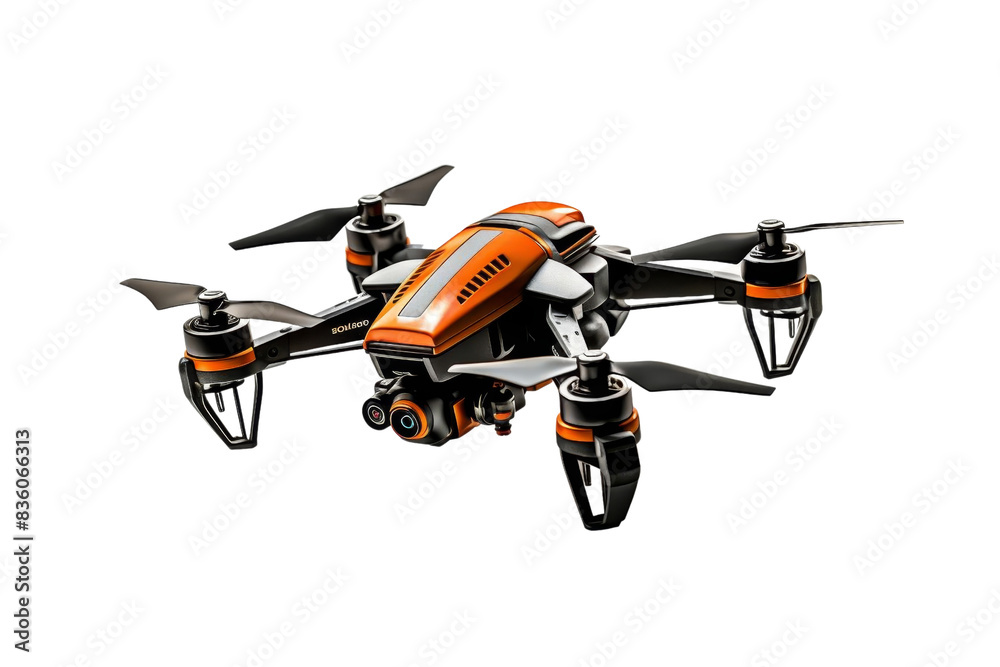 High-tech quadcopter drone with orange accents, perfect for aerial photography, videography, and tech presentations. High-tech quadcopter drone with orange accents, perfect for aerial photography, videography, and tech presentations.