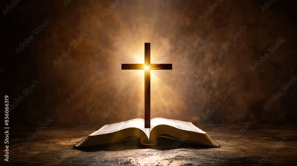 open Holy Bible with christian cross with sun rays and smoke, background for overlay open Holy Bible with christian cross with sun rays and smoke, background for overlay