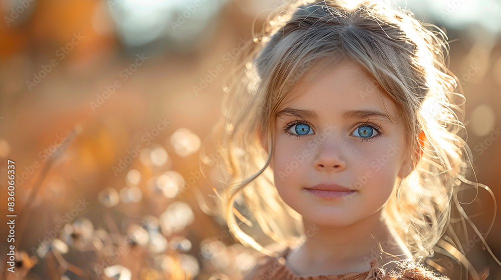 Portrait of young girl with blonde hair and blue eyes, looking out into distance in field of tall grass Portrait of young girl with blonde hair and blue eyes, looking out into distance in field of tall grass