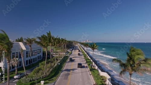 Establishing aerial view of Miami West Palm Beach on a sunny day. Beautiful view of  hotels, restaurants and cars driving in West Palm Beach. Florida Miami summer vacation