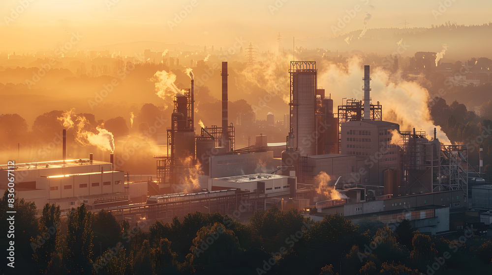 A food processing plant, with a dense forest as the background, during golden hour A food processing plant, with a dense forest as the background, during golden hour