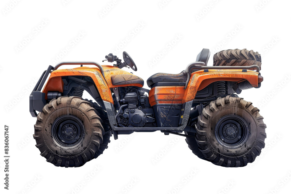 Side view of an orange all-terrain vehicle (ATV) with muddy tires and rugged design, isolated on a transparent background. Side view of an orange all-terrain vehicle (ATV) with muddy tires and rugged design, isolated on a transparent background.