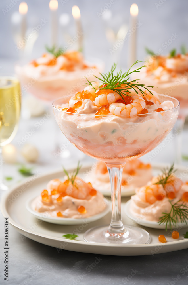 Close-up of an elegant shrimp cocktail served in a glass, topped with dill and roe, with a festive ambiance in the background. Close-up of an elegant shrimp cocktail served in a glass, topped with dill and roe, with a festive ambiance in the background.