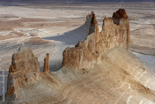 The rocks of the Bozjyra (or Boszhira) tract are formed from sedimentary and limestone rocks. Ustyurt Plateau, Mangystau region, Kazakhstan.