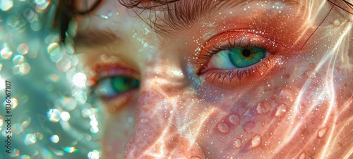 Close-up of a woman's eye with abstract shimmering light effects. photo