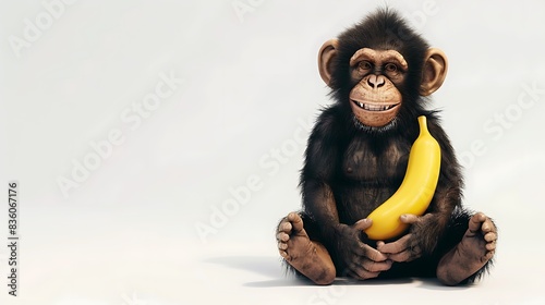 A plush monkey with a mischievous grin, holding a banana, sitting alone on a bright white background. photo