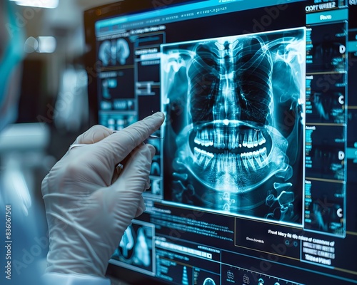 Medical professional analyzing dental x-ray on computer screen, advanced technology in dental care and diagnostics