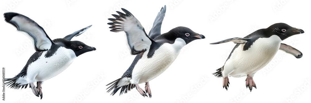 Three Adelie penguins penguins flying with spread wings captured in mid-air