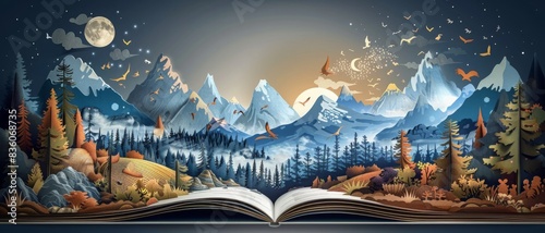 A book is open to a page with a mountain range and a moon in the background