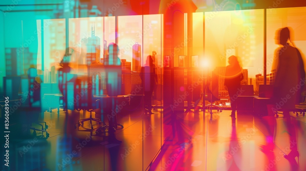 Obraz premium Vibrant office scene with colorful reflections and silhouettes of people, depicting a busy and dynamic work environment. Concept of office life, business, and modern work culture. 