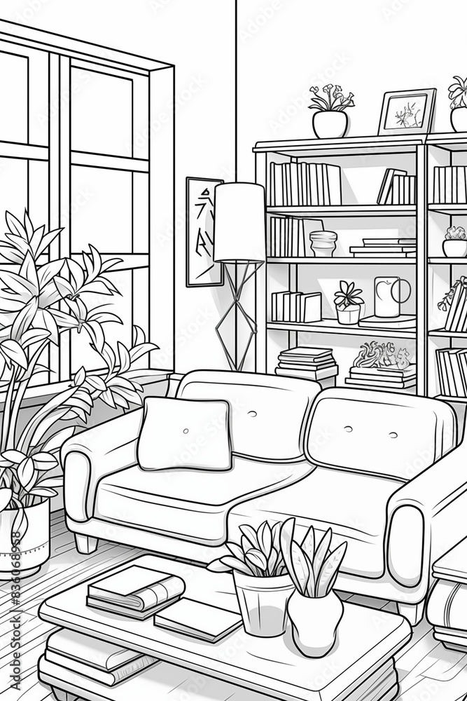 Illustration of a living room with many details, black and white color palette, one line art style. Generative AI tools Illustration of a living room with many details, black and white color palette, one line art style. Generative AI tools