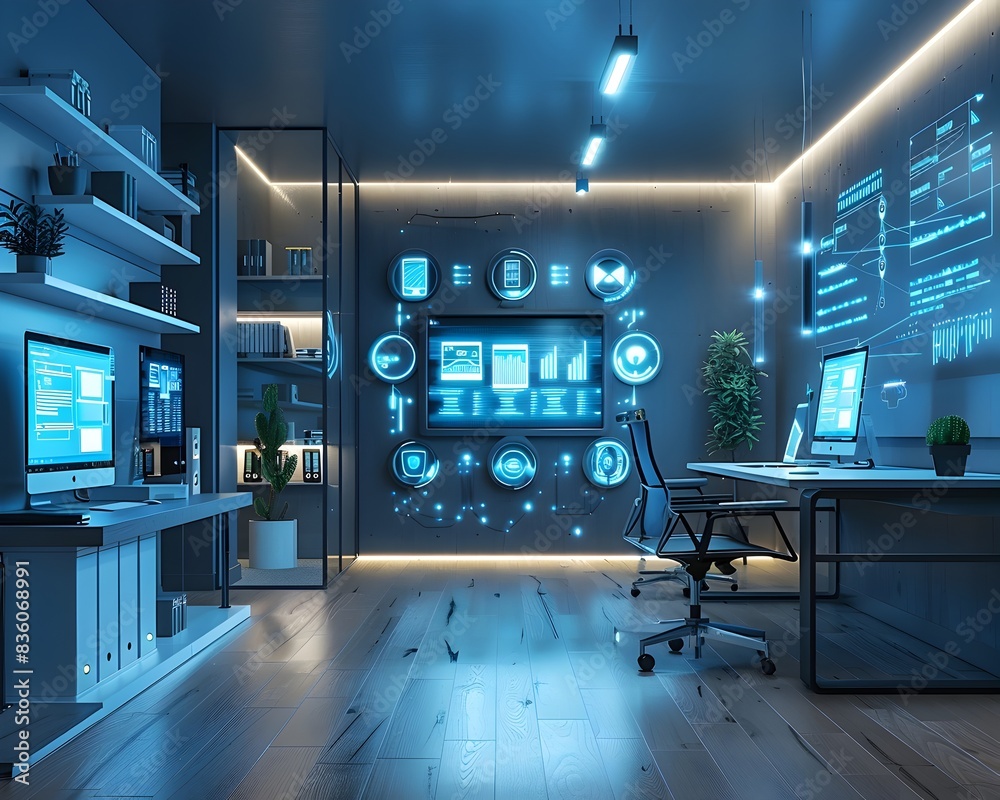 Fototapeta premium Sleek and Intelligent Digital Workspace with Connected Devices and Cutting Edge Technology
