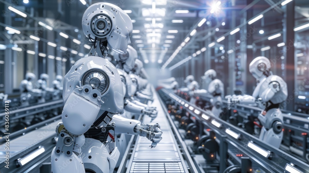 Industrial robots working on an assembly line, showcasing automation and efficiency in a modern factory setting Industrial robots working on an assembly line, showcasing automation and efficiency in a modern factory setting