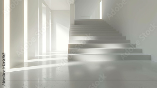 The image is a 3D rendering of a modern  minimalist staircase. The staircase is made of white marble and has a simple  geometric design.