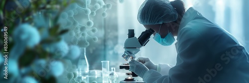 A professional researcher is focused on a microscopic analysis amongst scientific lab equipment and blue light