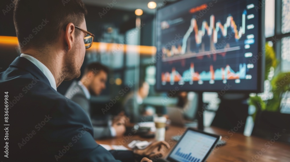 A financial expert presenting a gold price analysis with graphs and charts to company stakeholders in a boardroom meeting. A financial expert presenting a gold price analysis with graphs and charts to company stakeholders in a boardroom meeting.