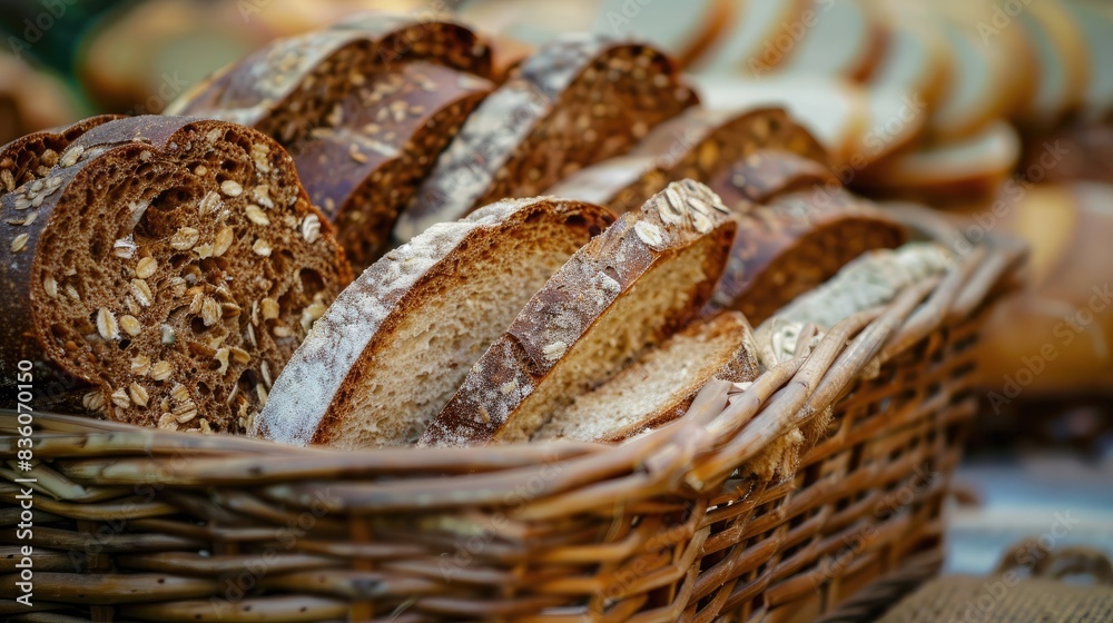 Sliced whole grain bread arranged neatly in a basket, highlighting the rich, hearty texture of each slice Sliced whole grain bread arranged neatly in a basket, highlighting the rich, hearty texture of each slice