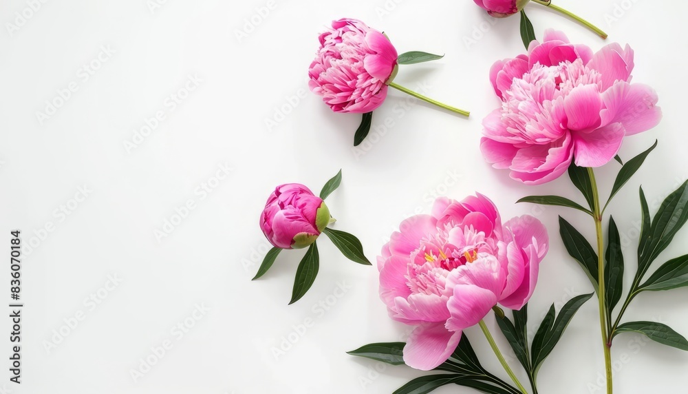 Pink Peony Paradise: Top View and Flat Lay Style on White Table Pink Peony Paradise: Top View and Flat Lay Style on White Table