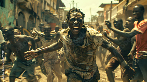 Energetic group running with joy in a gritty urban setting, coated in mud