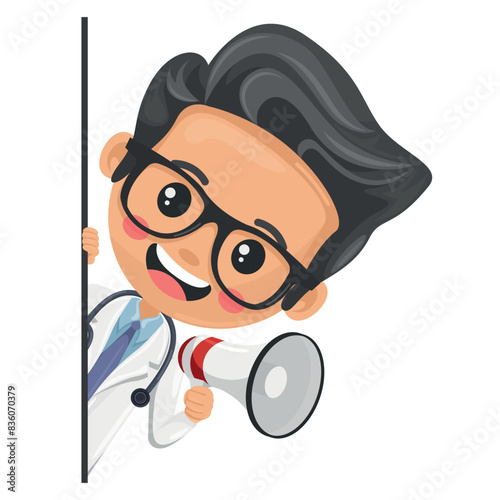 Doctor cartoon peeking out from behind a wall making an announcement with a megaphone. Concept of notification and contact. Health and medicine concept. Research, science and technology in health