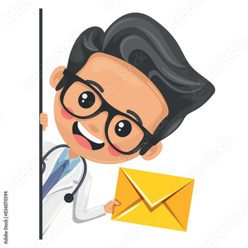 Doctor cartoon peeking out from behind a wall with letter envelope for email. Concept of communication, notification, contact. Health and medicine concept. Research, science and technology in health