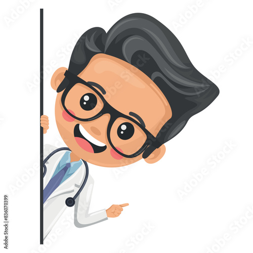 Doctor character cartoon peeking out from behind a wall pointing finger. Express an idea and indicate with the index finger. Health and medicine concept. Research, science and technology in health