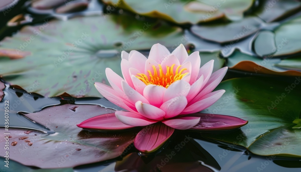 Serene Beauty: A Pink Waterlily Blossoming in Pond - AR 7:4 Serene Beauty: A Pink Waterlily Blossoming in Pond - AR 7:4