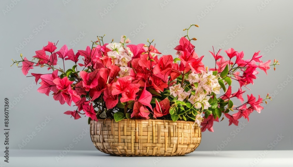 Blooming Elegance: A Stunning Display of Reddish Pink Flowers in a Decorative Bamboo Basket Blooming Elegance: A Stunning Display of Reddish Pink Flowers in a Decorative Bamboo Basket