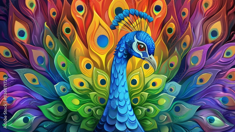 Fototapeta premium Illustration of a majestic peacock with colorful feathers spread out, showcasing its vibrant plumage.
