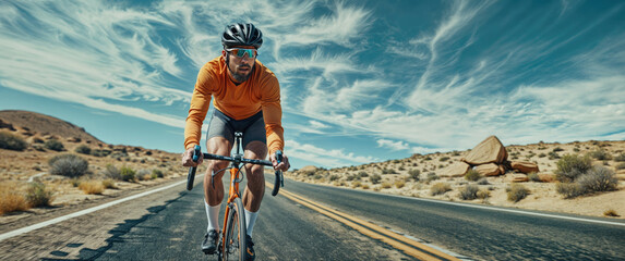 A cyclist in an orange jersey rides a bike on a scenic desert road.