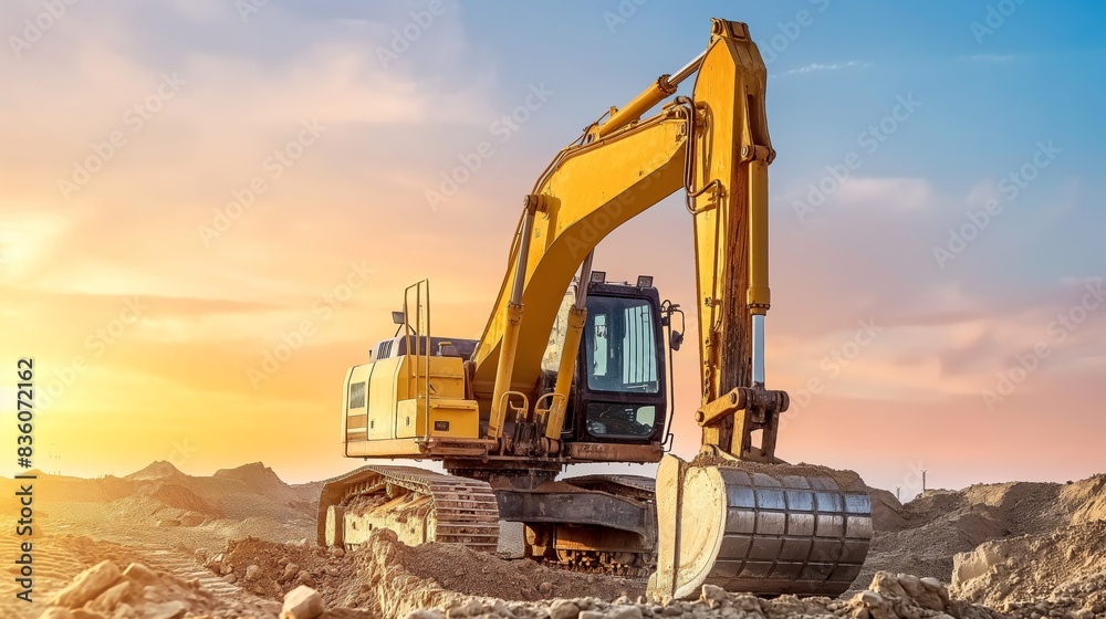 an orange excavator working on a construction site, moving large rocks and dirt. an orange excavator working on a construction site, moving large rocks and dirt.