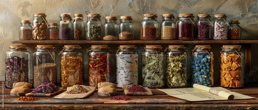 Chinese herbal remedy jars with herbal pouches and scrolls focus on, ancient healing, realistic, Composite, apothecary backdrop Chinese herbal remedy jars with herbal pouches and scrolls focus on, ancient healing, realistic, Composite, apothecary backdrop