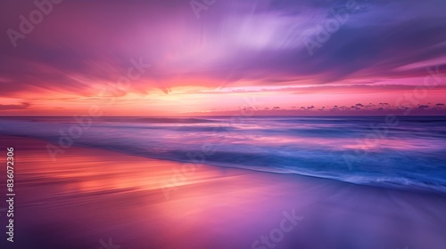 A colorful display lights up the horizon as the sun rises over an ocean beach, blending vivid colors into a captivating morning scene 