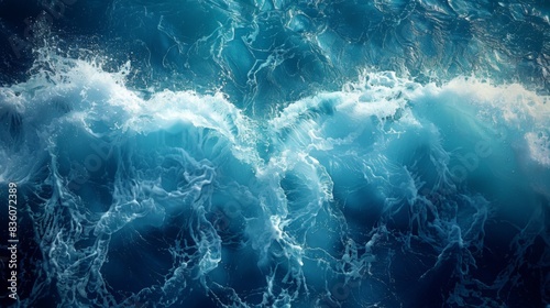 Turbulent blue ocean waves with white foam  capturing the dynamic energy of the sea.