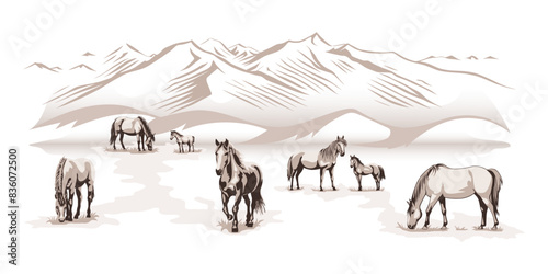 A sketch of horses grazing in a meadow against a mountain backdrop, vector illustration	