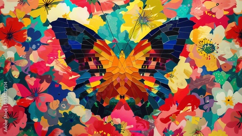 A tangram set forming a butterfly  set against a bright  floral background